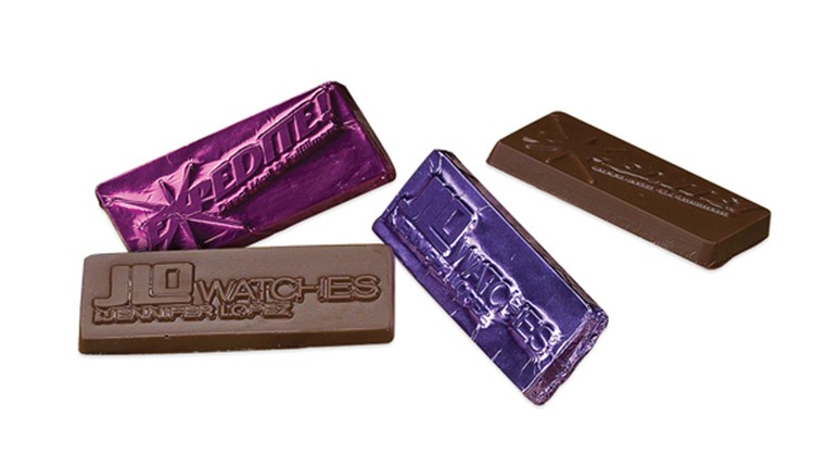 Fun Promotional Products and Giveaways: 1.0" x 2.5" Rectangle Custom Molded Chocolate. As low as $1.04 each in bulk order from Brand Spirit Inc.