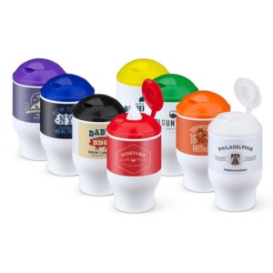 Political Promotional Product Idea: Cup Holder with 50 Wet Wipes. As low as $2.51 each in bulk order from Brad Spirit Inc