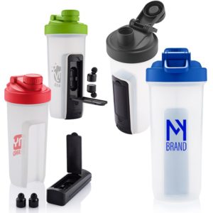 Promotional Drinkware that Market and Promote: 20 oz. Shaker Fitness Bottle with Bluetooth® Earbuds. As low as $34.95 each in bulk order from Brand Spirit Inc.