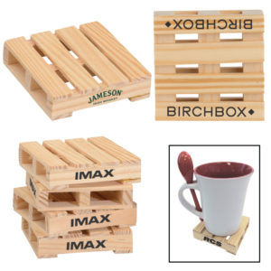 Promotional Products: 3" Square Mini Pallet Wood Coaster. As low as $2.55 each in bulk order from Brand Spirit Inc.