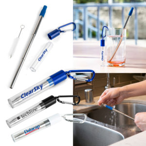 Trendy Eco-friendly Products: Retractable Straw with Case and Retractable Brush. Add your logo and order in bulk from Brand Spirit Inc.