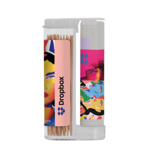 New Promotional Gifts: Wooden Toothpicks in a Rectangular Flip-Top Dispenser with SPF 15 Lip Balm. As low as $2.38 each in bulk order from Brand Spirit Inc.