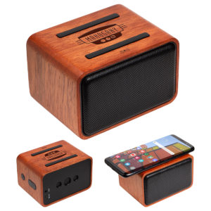 Brandable Qi Charging Pads. Mahogany Wireless Speaker with Wireless Charger. As low as  $23.50 each in bulk order from Brand Spirit.