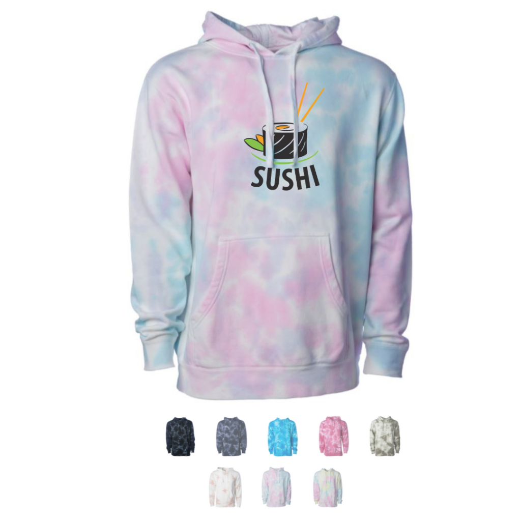 Tie dyed hoodies for merch. Add a logo or graphics. Order in bulk from Brand Spirit.