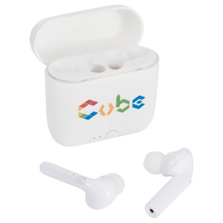 Branded Gift Idea: Essos True Wireless Earbuds with Charging Case. Designed to not fall out when in use. Add a full color imprint of a graphic design on the charging case. Available in bulk order at brandspirit.com