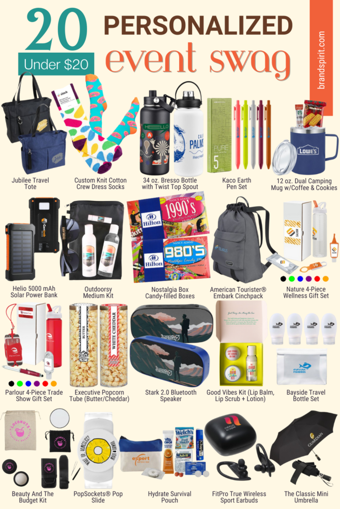 A list of 20 trendy event swag under $20 for 2024. You get a variety of ideas for every possible event requirement. Links to the products included for easy shopping.