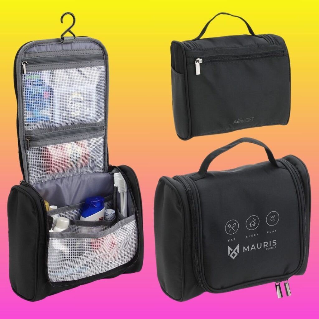 Best Corporate Gift Idea: The AeroLOFT™ Jet Black Toiletry Kit is a travel bag with three main compartments and conveniently hangs to keep it off a surface (or lack thereof)