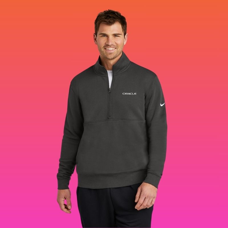 Corporate Gift Idea 2025: The Nike® Club Fleece Sleeve Swoosh Half-zip Shirt is made from recycled cotton and polyester. And yes, it's an authentic Nike apparel.