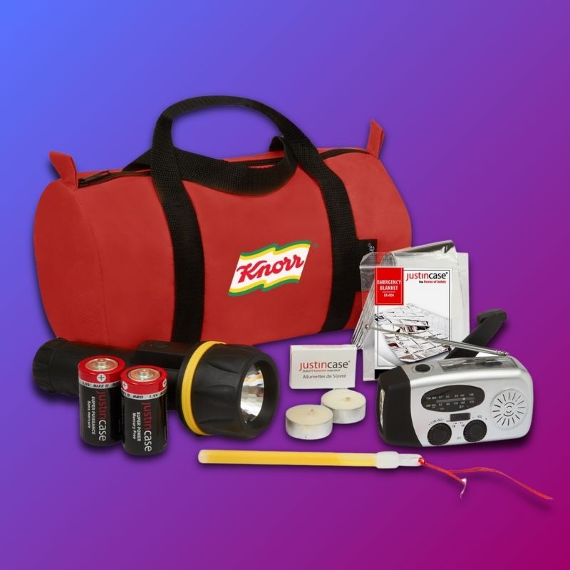 Useful Corporate Gifts 2025: The Power Outage Kit w/ Dynamo Solar AM-FM Radio/Flashlight w/ USB Port includes 10 essential items for a power outage. Add logo on duffel bag.