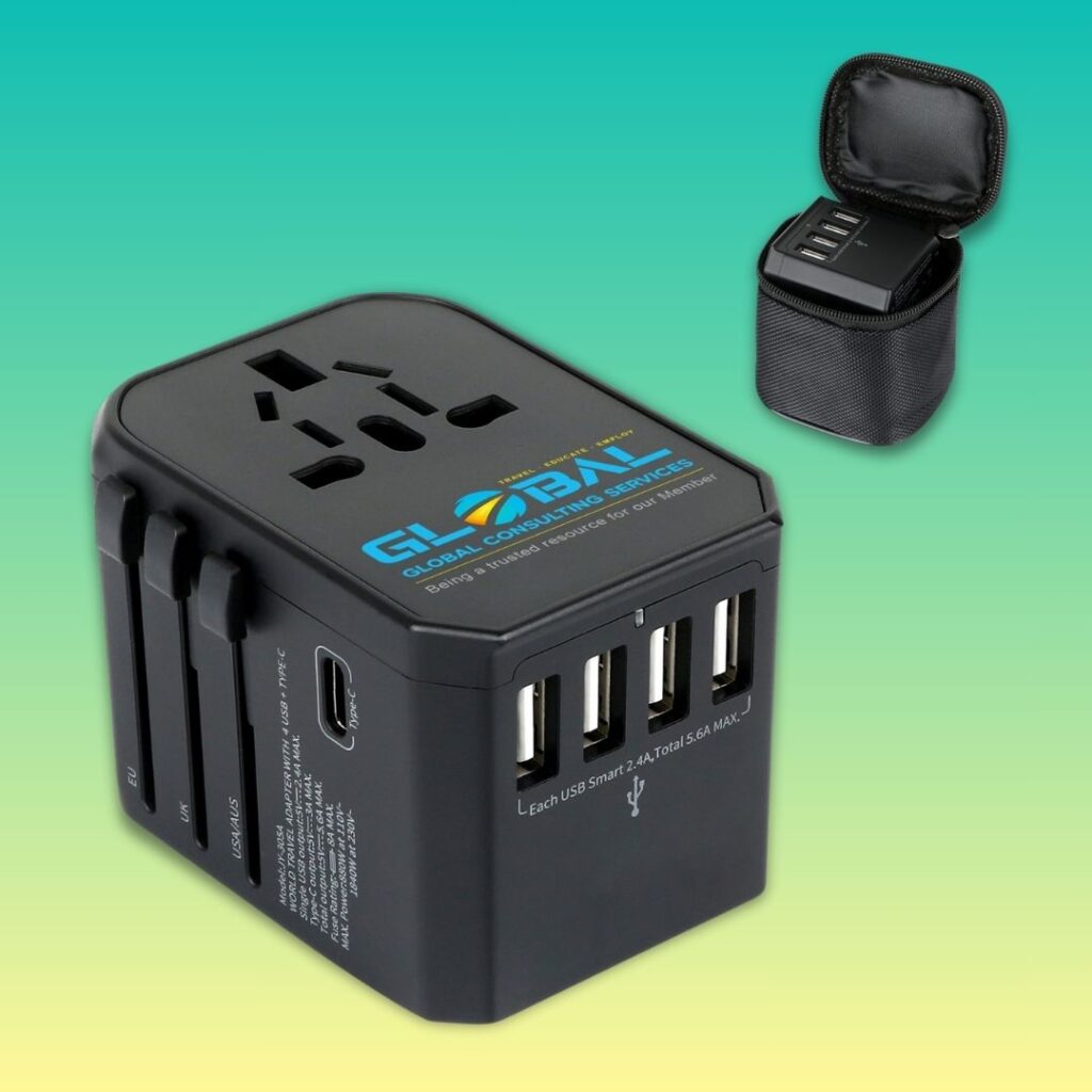 Best Corporate Gift Idea 2025: 5 USB Port Universal Travel Adapter is the digital nomad's best friend because it has every possible plug adapter you'll need and can charge up to 6 devices.